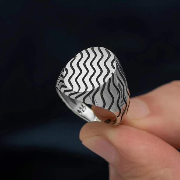 Dalga Desenli Taşsız 925 Gümüş Erkek Yüzük - 6