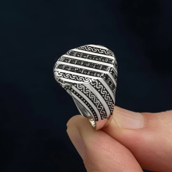 Çizgili Mikro Taşlı 925 Gümüş Erkek Yüzük - 8