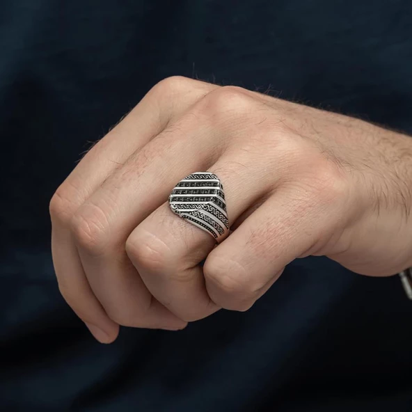 Çizgili Mikro Taşlı 925 Gümüş Erkek Yüzük - 6