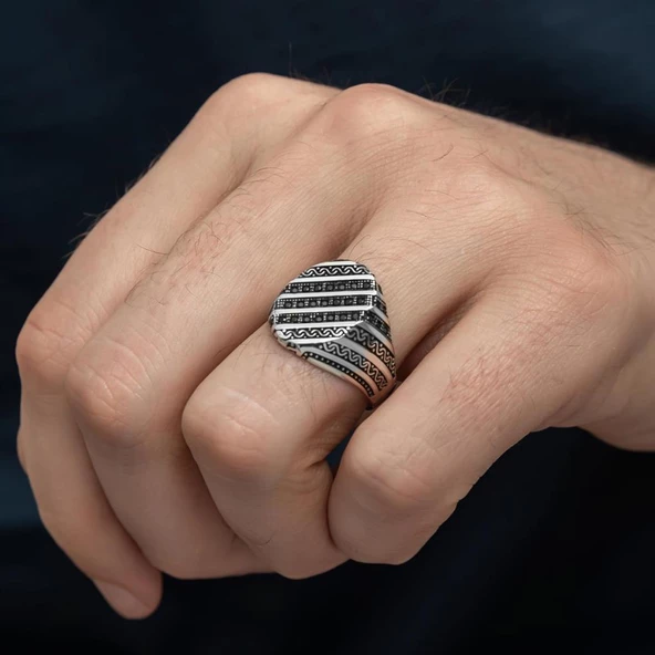 Çizgili Mikro Taşlı 925 Gümüş Erkek Yüzük - 5