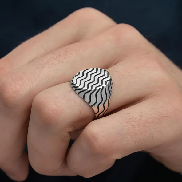 Dalga Desenli Taşsız 925 Gümüş Erkek Yüzük - 3