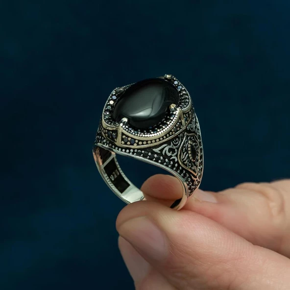 Siyah Oniks Taşlı 925 Gümüş Erkek Yüzük - Resim 5