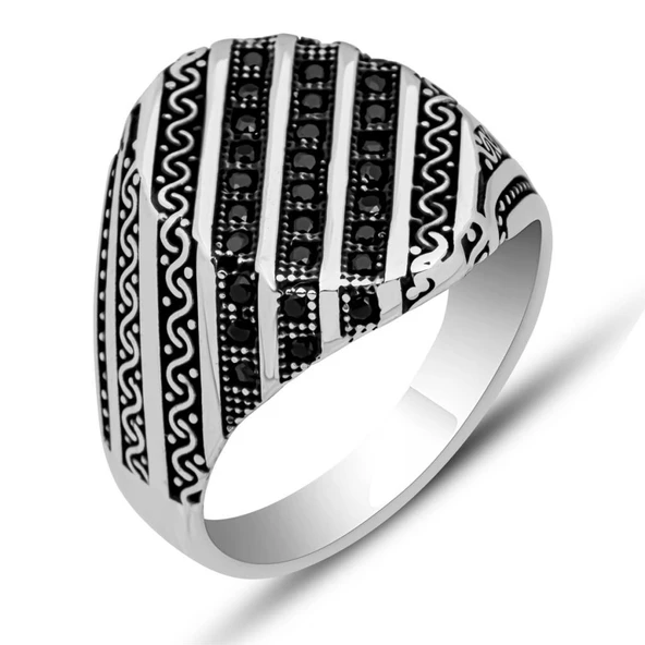 Çizgili Mikro Taşlı 925 Gümüş Erkek Yüzük - 2