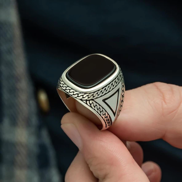 Siyah Oniks Taşlı 925 Gümüş Erkek Yüzük - Resim 7