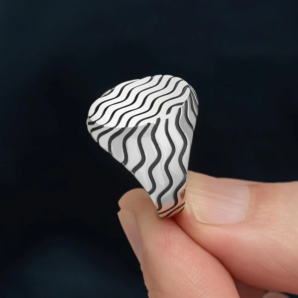 Dalga Desenli Taşsız 925 Gümüş Erkek Yüzük - 7