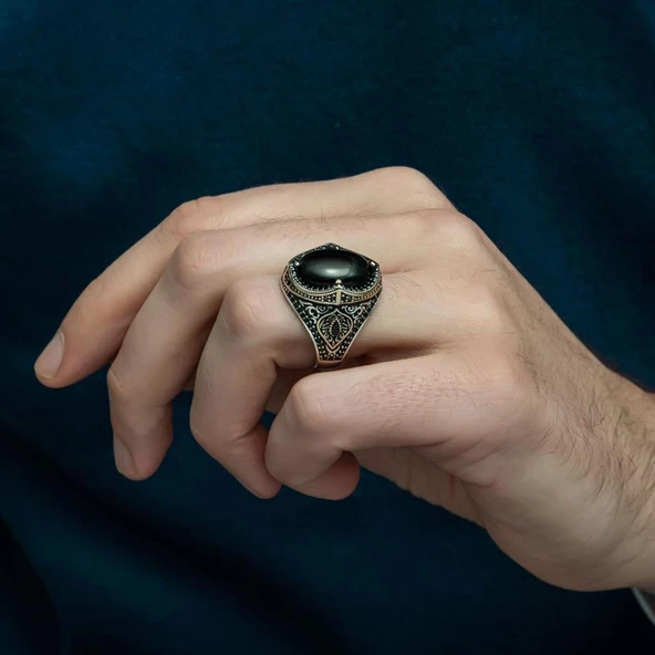 Siyah Oniks Taşlı 925 Gümüş Erkek Yüzük - Resim 4