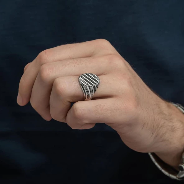 Çizgili Mikro Taşlı 925 Gümüş Erkek Yüzük - 3
