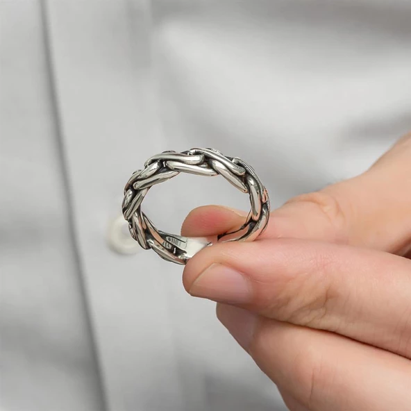 Örgü Hasır Desenli 925 Gümüş Erkek Yüzük - 4