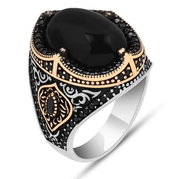 Siyah Oniks Taşlı 925 Gümüş Erkek Yüzük - Resim 2