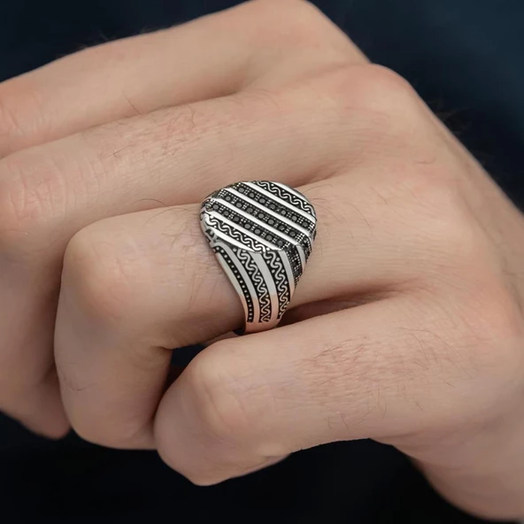 Çizgili Mikro Taşlı 925 Gümüş Erkek Yüzük - 4