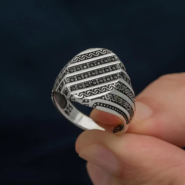 Çizgili Mikro Taşlı 925 Gümüş Erkek Yüzük - 7