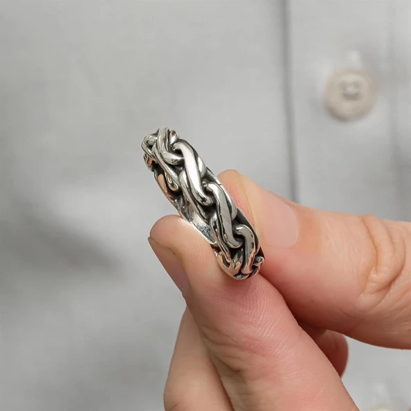 Örgü Hasır Desenli 925 Gümüş Erkek Yüzük - 6