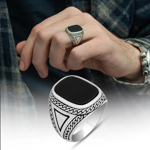 Siyah Oniks Taşlı 925 Gümüş Erkek Yüzük ürün görseli