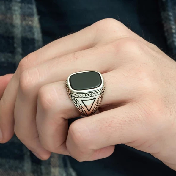 Siyah Oniks Taşlı 925 Gümüş Erkek Yüzük - Resim 9