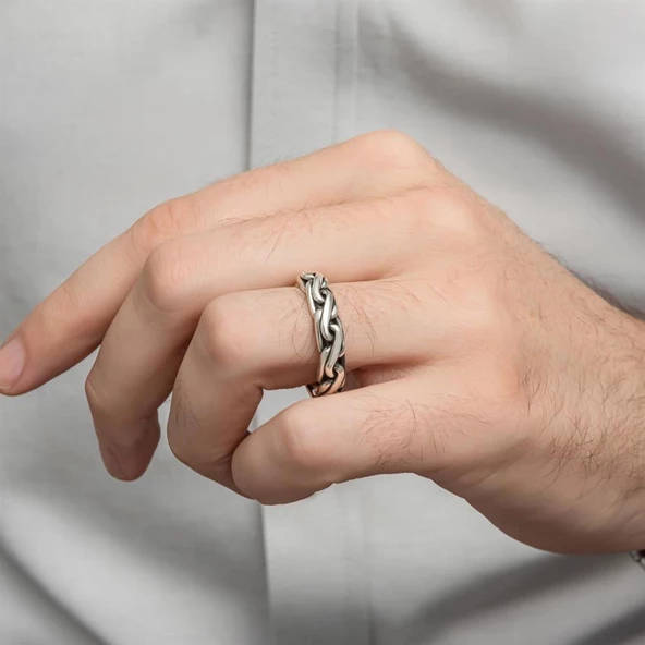 Örgü Hasır Desenli 925 Gümüş Erkek Yüzük - 5