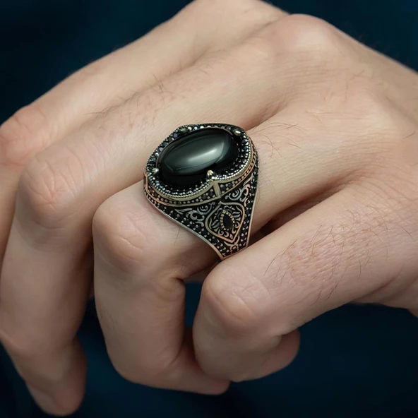 Siyah Oniks Taşlı 925 Gümüş Erkek Yüzük - Resim 3