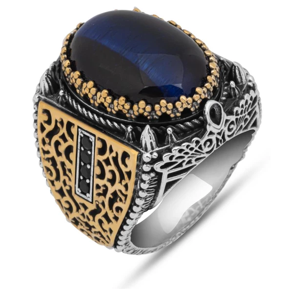 Mavi Kaplan Gözü Taşlı 925 Gümüş Erkek Yüzük - 2