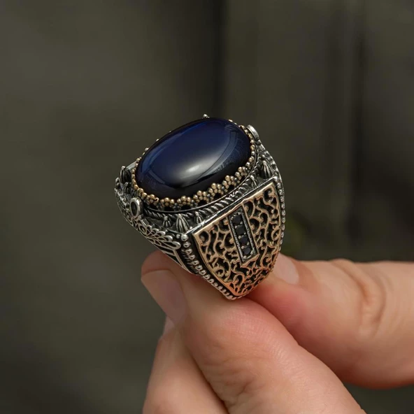 Mavi Kaplan Gözü Taşlı 925 Gümüş Erkek Yüzük - 6