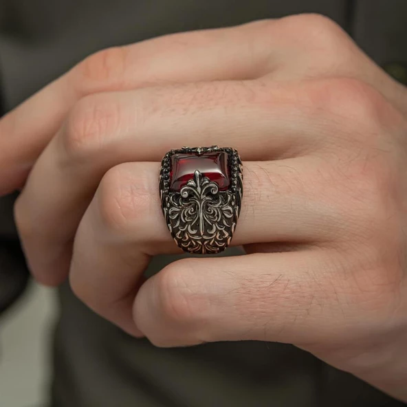 Kırmızı Taşlı Erzurum Oyma Motifli 925 Gümüş Erkek Yüzük - Resim 8