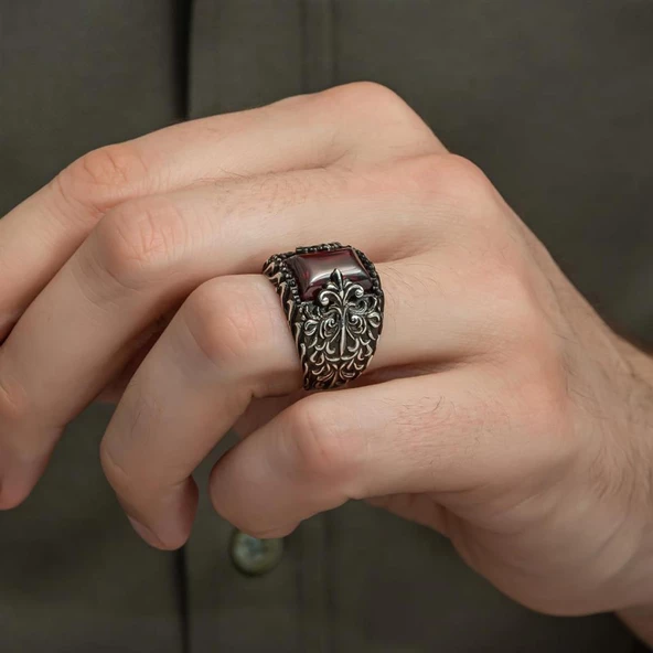 Kırmızı Taşlı Erzurum Oyma Motifli 925 Gümüş Erkek Yüzük - Resim 7