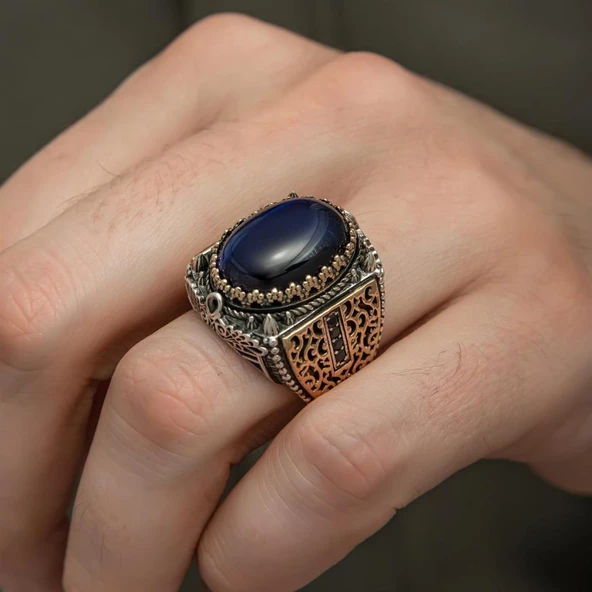 Mavi Kaplan Gözü Taşlı 925 Gümüş Erkek Yüzük - 3