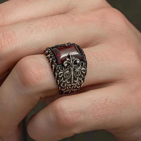 Kırmızı Taşlı Erzurum Oyma Motifli 925 Gümüş Erkek Yüzük - Resim 6
