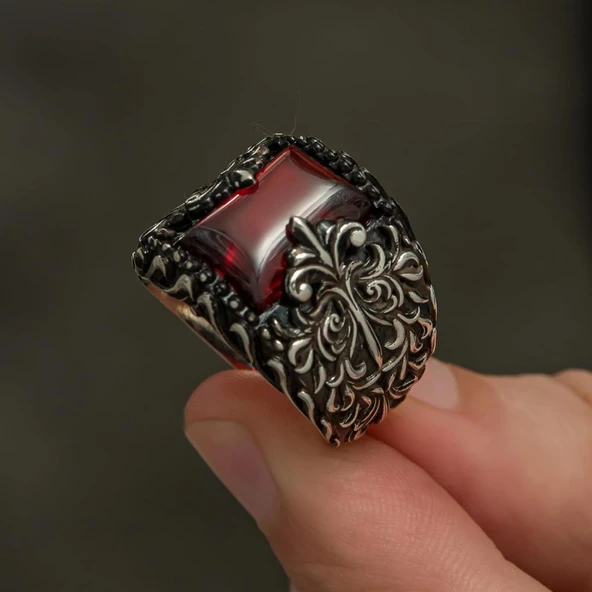 Kırmızı Taşlı Erzurum Oyma Motifli 925 Gümüş Erkek Yüzük - Resim 5