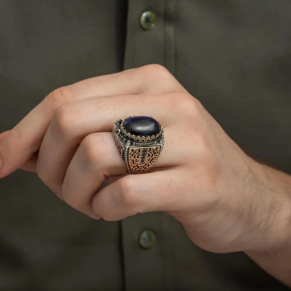 Mavi Kaplan Gözü Taşlı 925 Gümüş Erkek Yüzük - 9
