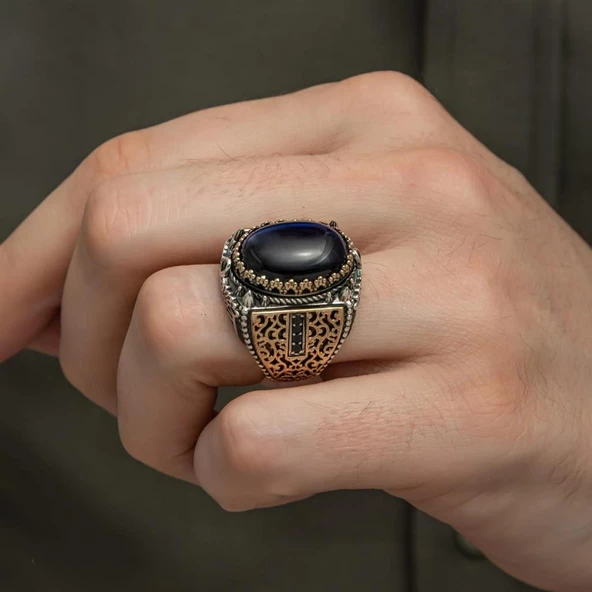 Mavi Kaplan Gözü Taşlı 925 Gümüş Erkek Yüzük - 8