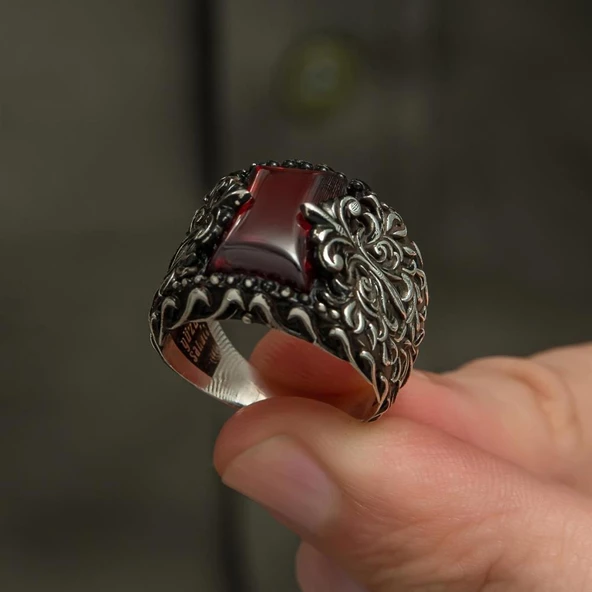 Kırmızı Taşlı Erzurum Oyma Motifli 925 Gümüş Erkek Yüzük - Resim 9
