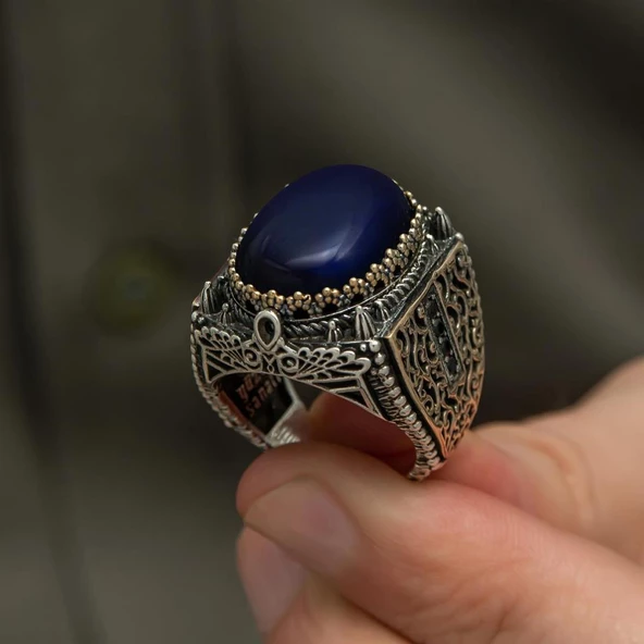 Mavi Kaplan Gözü Taşlı 925 Gümüş Erkek Yüzük - 7