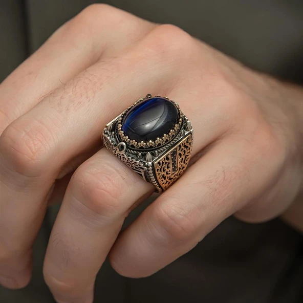 Mavi Kaplan Gözü Taşlı 925 Gümüş Erkek Yüzük - 5