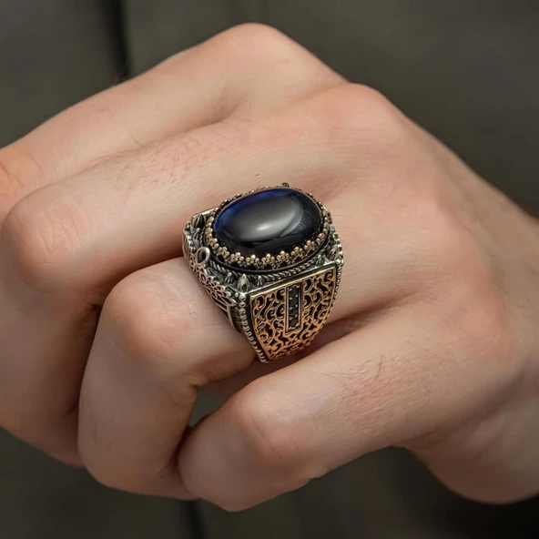 Mavi Kaplan Gözü Taşlı 925 Gümüş Erkek Yüzük - 4