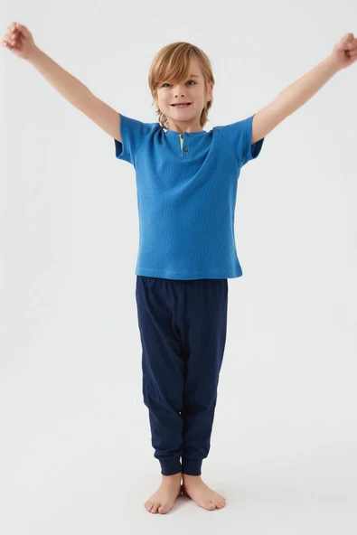 Roly Poly 3045 Garson Dotted Mavi Erkek Çocuk Kısa Kol Pijama Takım - Resim 3