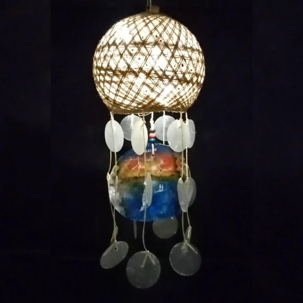 Rüzgar Çanı Jüt ip Hasır Top Kafesli Led Işıklı Lamba Beyaz Sedefli - Resim 4