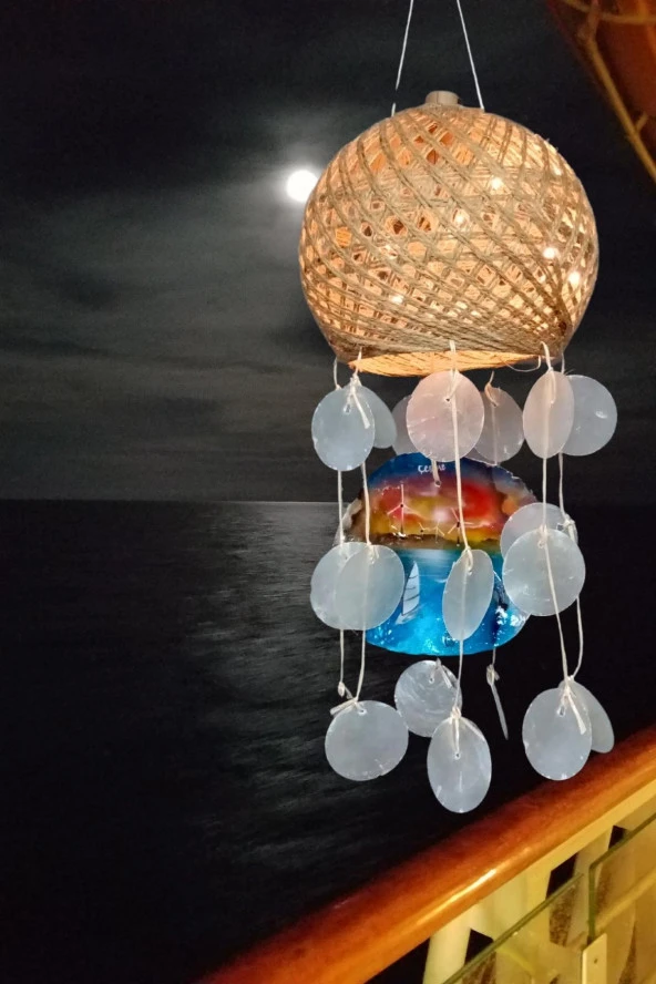 Rüzgar Çanı Jüt ip Hasır Top Kafesli Led Işıklı Lamba Beyaz Sedefli - Resim 6