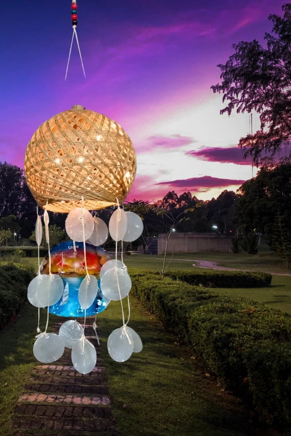 Rüzgar Çanı Jüt ip Hasır Top Kafesli Led Işıklı Lamba Beyaz Sedefli - Resim 7