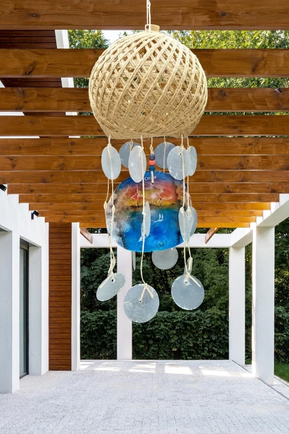 Rüzgar Çanı Jüt ip Hasır Top Kafesli Led Işıklı Lamba Beyaz Sedefli - Resim 8