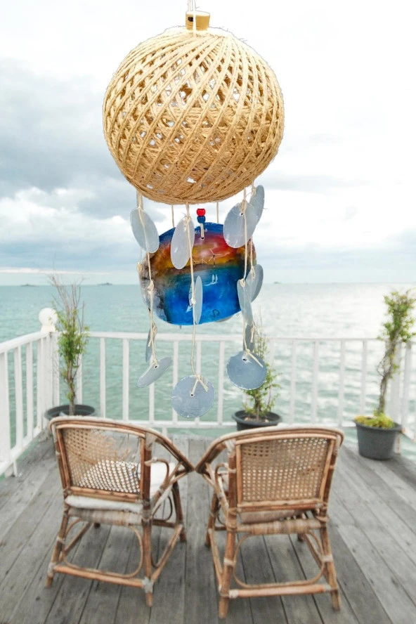 Rüzgar Çanı Jüt ip Hasır Top Kafesli Led Işıklı Lamba Beyaz Sedefli - Resim 10