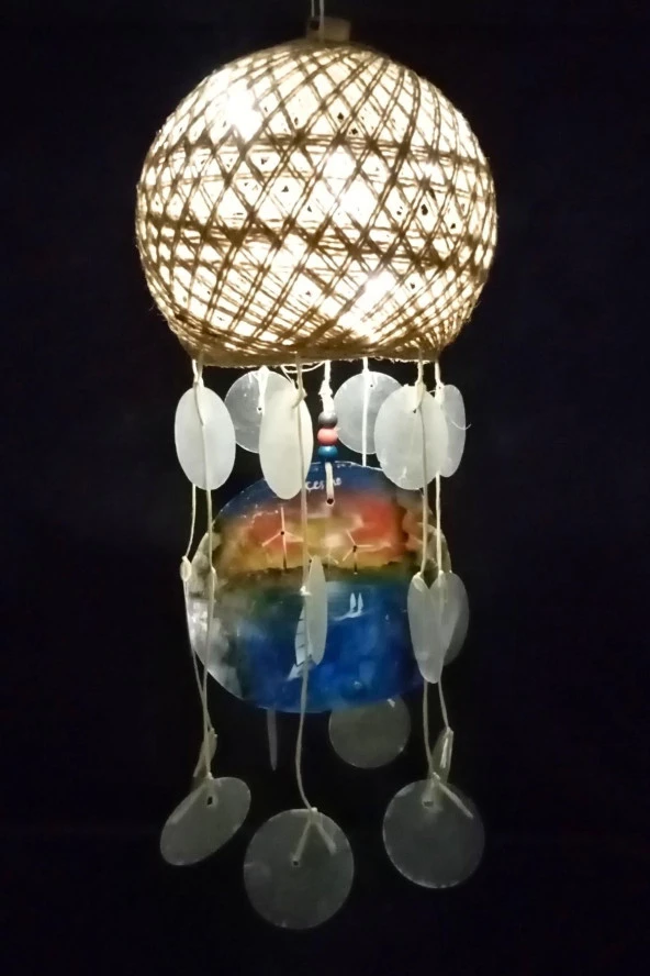 Rüzgar Çanı Jüt ip Hasır Top Kafesli Led Işıklı Lamba Beyaz Sedefli - Resim 11