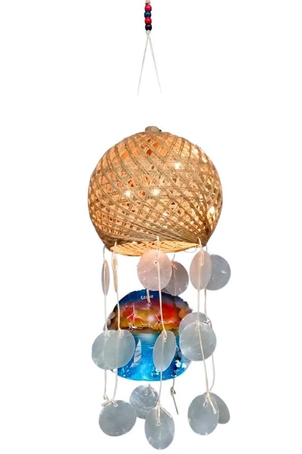 Rüzgar Çanı Jüt ip Hasır Top Kafesli Led Işıklı Lamba Beyaz Sedefli - Resim 12