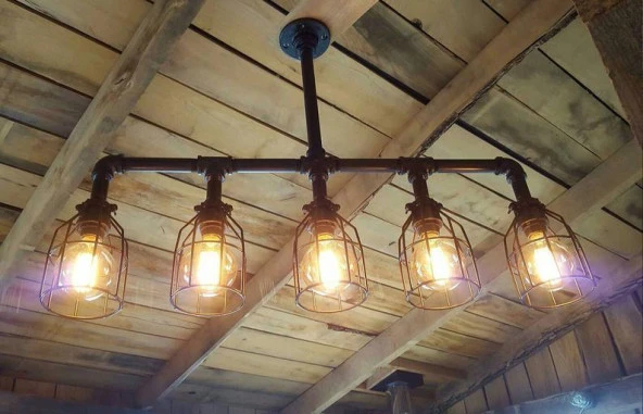 Rustik Görünümlü 5'li Kafesli Avize Endüstriyel Tavan Avizesi Cafe Villa Dekor Avize - 3