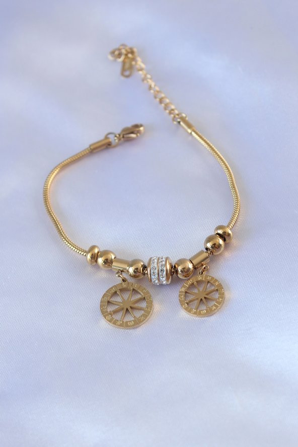 Erb 316L Çelik Gold Renk Burç Haritası Figür Zirkon Taşlı Pandora Model Kadın Bileklik - 1