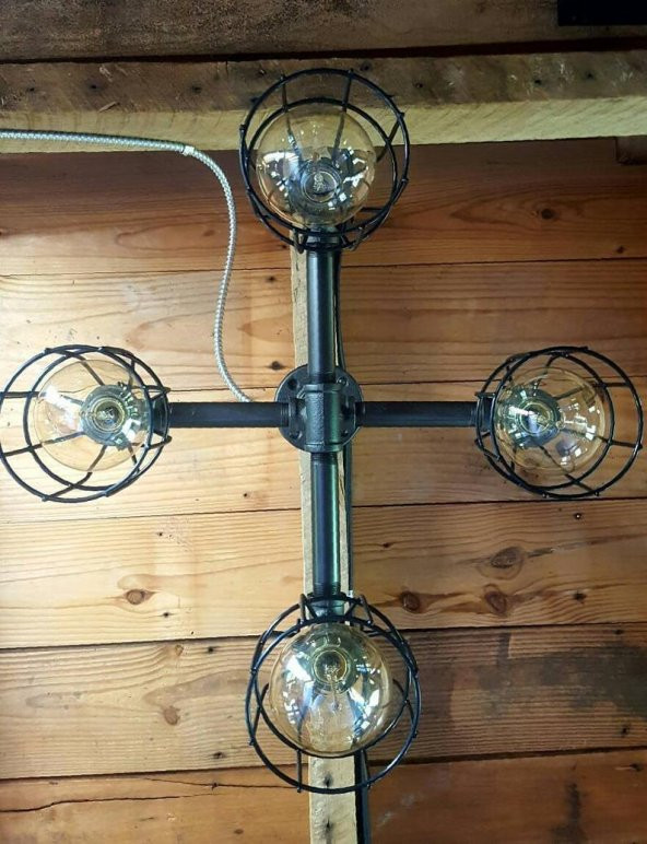 4 'lü Retro Avize Rustik Kafesli Demir Borulardan Tavan Lambası, Endüstriyel Tasarım Avize - 3