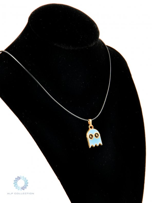 Mavi Retro Hayalet Gözlüklü Desenli Pacman Renkli Mineli Suni Deri İpli Metal Kolye - 2