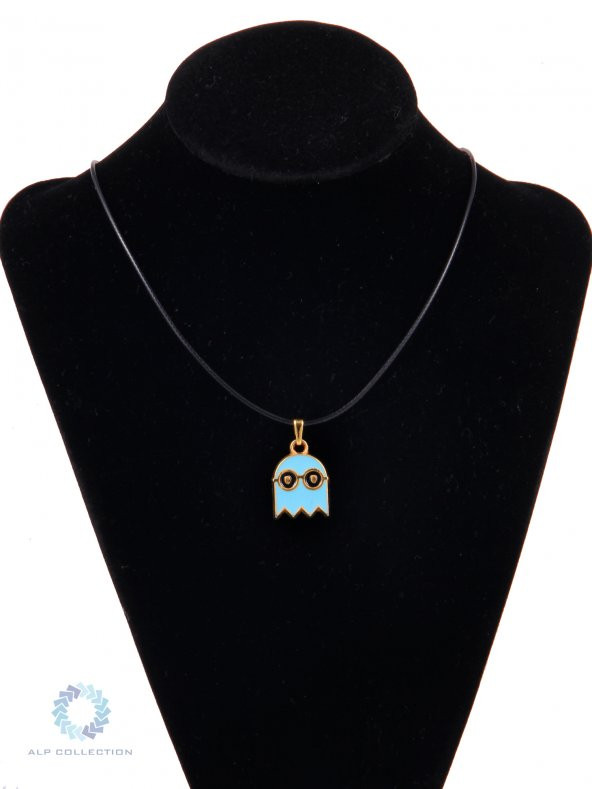 Mavi Retro Hayalet Gözlüklü Desenli Pacman Renkli Mineli Suni Deri İpli Metal Kolye - 3