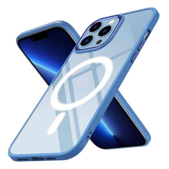 Apple iPhone 12 Pro Max Kılıf Wireless Şarj Özellikli Zore Krom Magsafe Silikon Kapak  Mavi