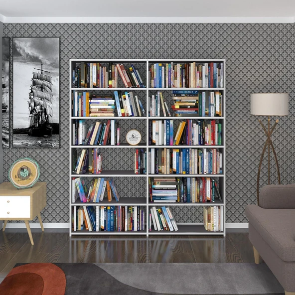 Kenzlife kitaplık süper ga 180*160*19 gri 6 katlı 2 bölme çift bölme opsiyonlu ofis mutfak banyo dolabı arkalıksız - 2