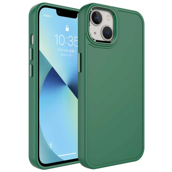 Apple iPhone 13 Kılıf Metal Çerçeve ve Buton Tasarımlı Sert Zore Botox Kapak  Koyu Yeşil