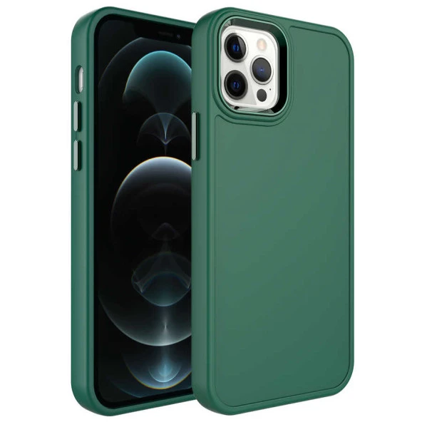 Apple iPhone 12 Pro Max Kılıf Metal Çerçeve ve Buton Tasarımlı Sert Zore Botox Kapak  Koyu Yeşil